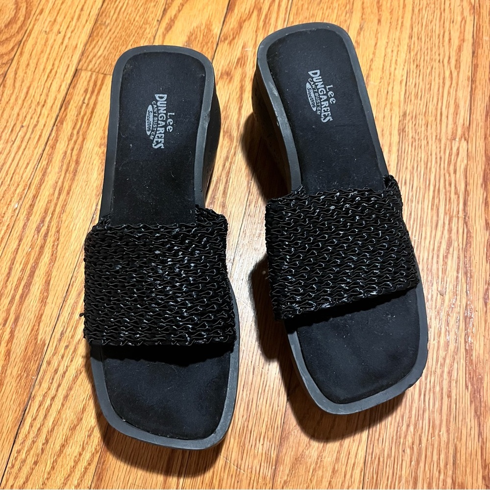 Vintage 90s Lee Dungarees Cisco Open Toe Slip on Platform Heel Wedges